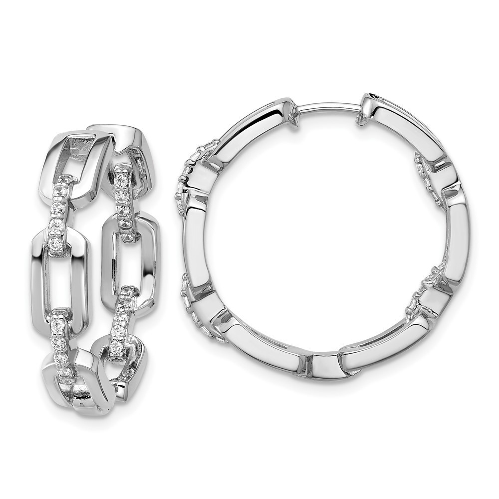 925 Sterling Silver Polished Cz Link In And Out Hinged Round Hoop Earrings